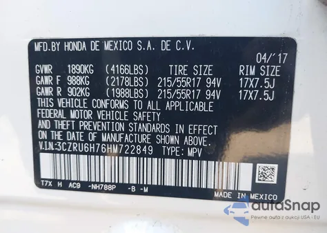 2017 Honda Hr-V Exl из США, поврежденный, VIN 3CZRU6H76HM722849